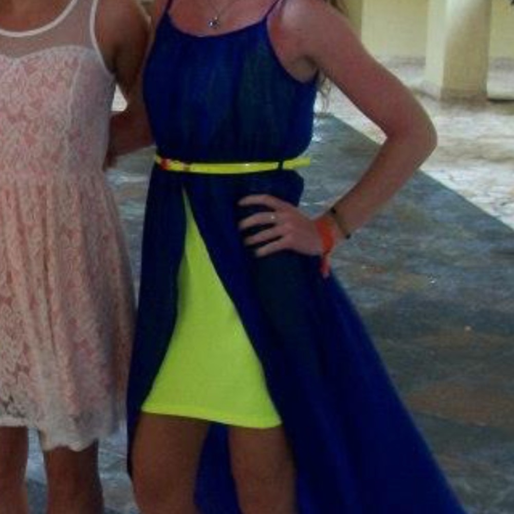 Blue high-low dress with neon yellow accents